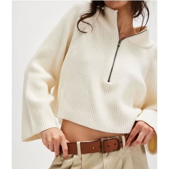 Free People Sweaters - New! Free People Off-White Greta Half Zip Cropped Sweater Size XL 2674